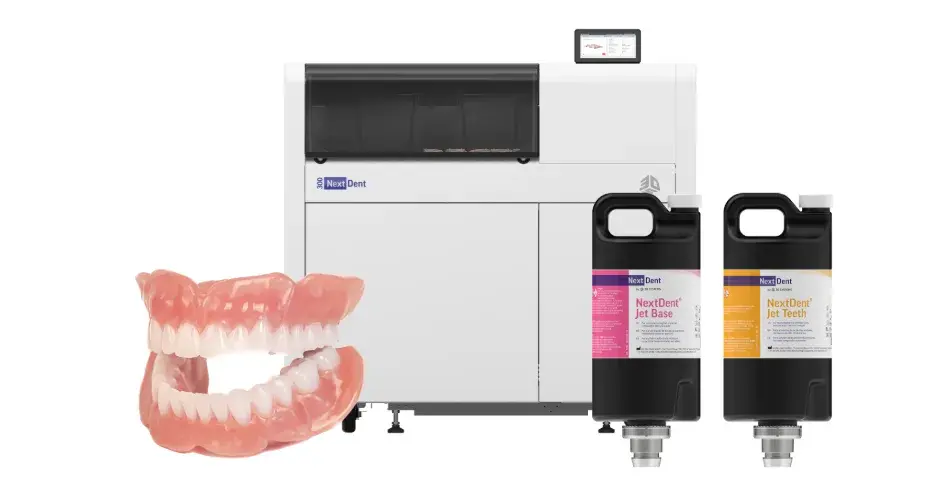 3D Systems NextDent Jetted Denture Solution product group shot showing the printer, materials, and finished dentures