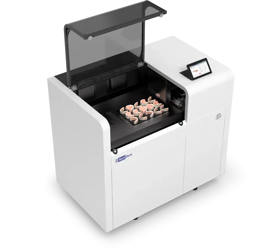 3D Systems NextDent 300 MultiJet 3D printer with top door open showing the build chamber