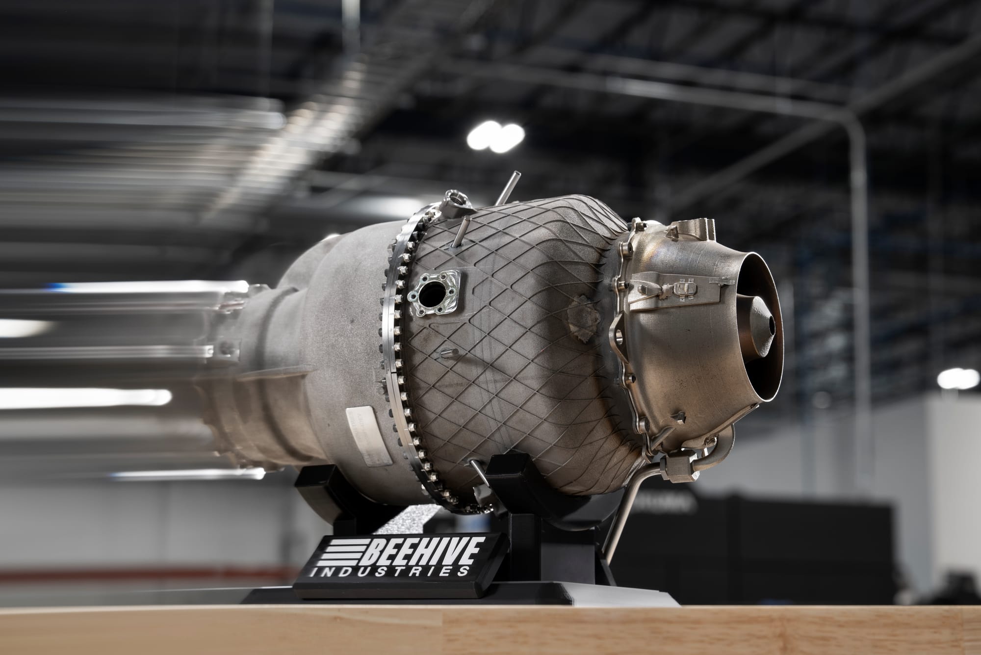 Beehive Industries' Frenzy 8 engine, a 200 lbf turbojet produced entirely via metal additive manufacturing for swarm-class drone applications