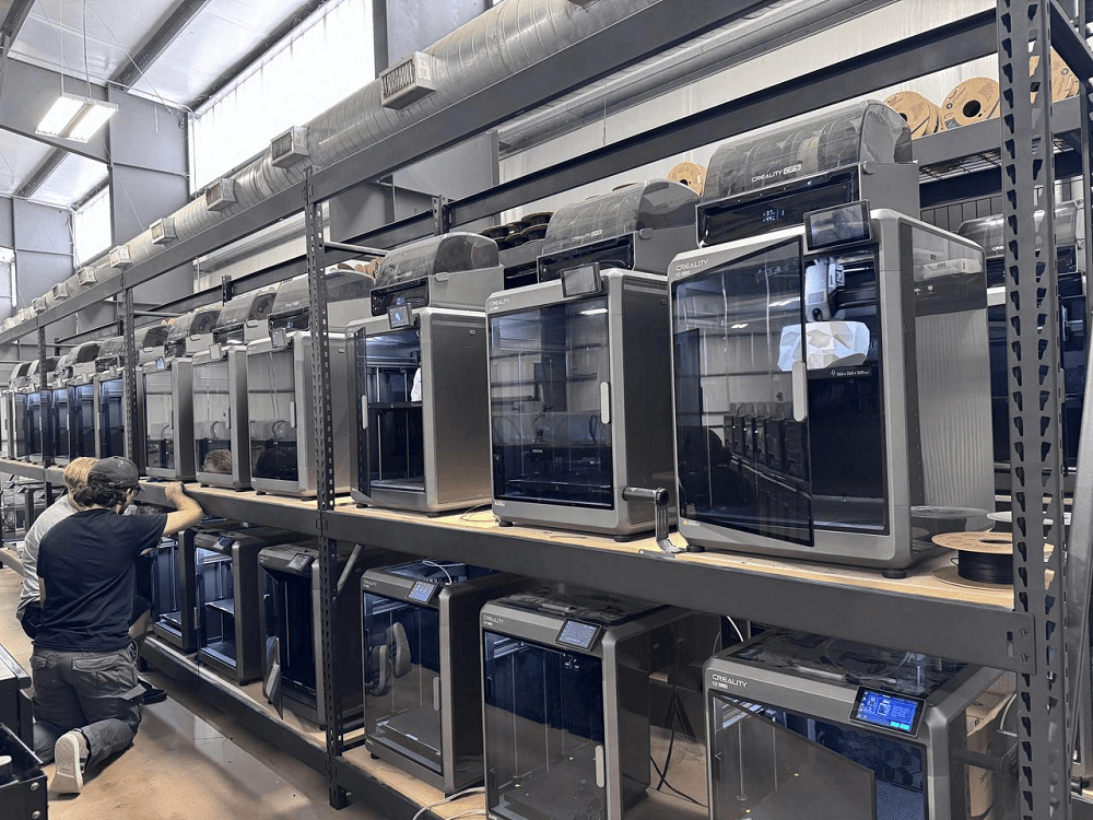 Creality's industrial-scale factory production line manufacturing 3D printers