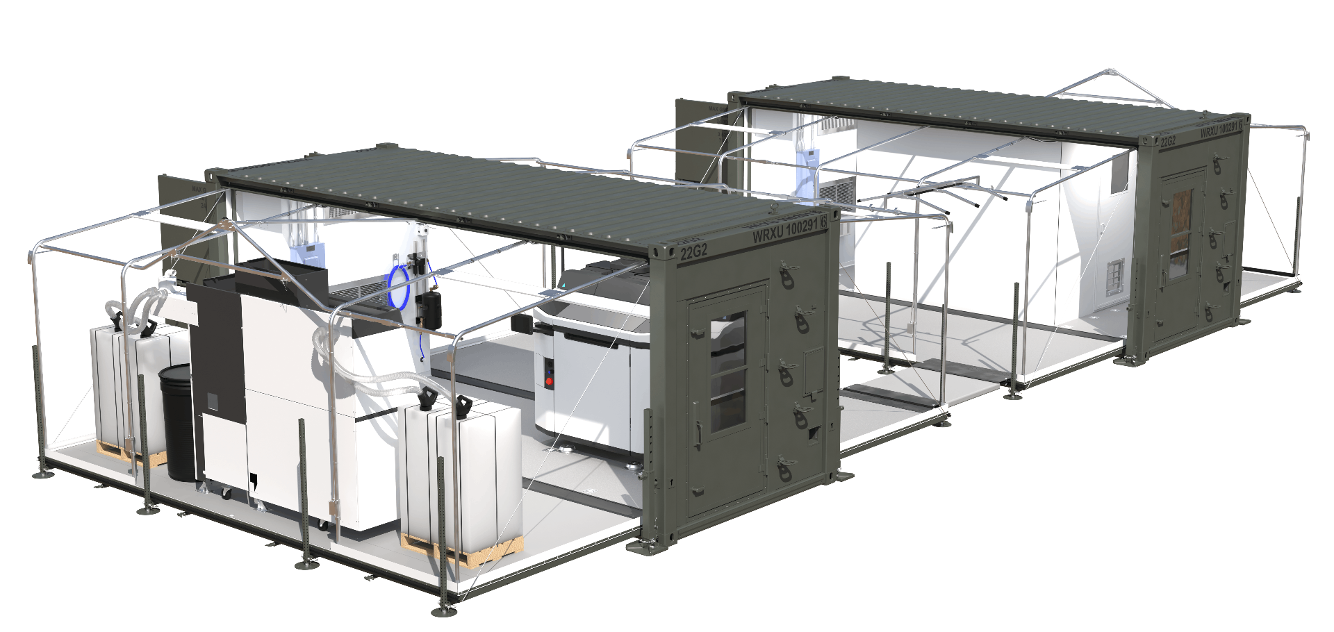 Interior render of the xCell platform showing the integrated HP MJF 3D printing system and drone assembly workspace within a standard 20-foot shipping container