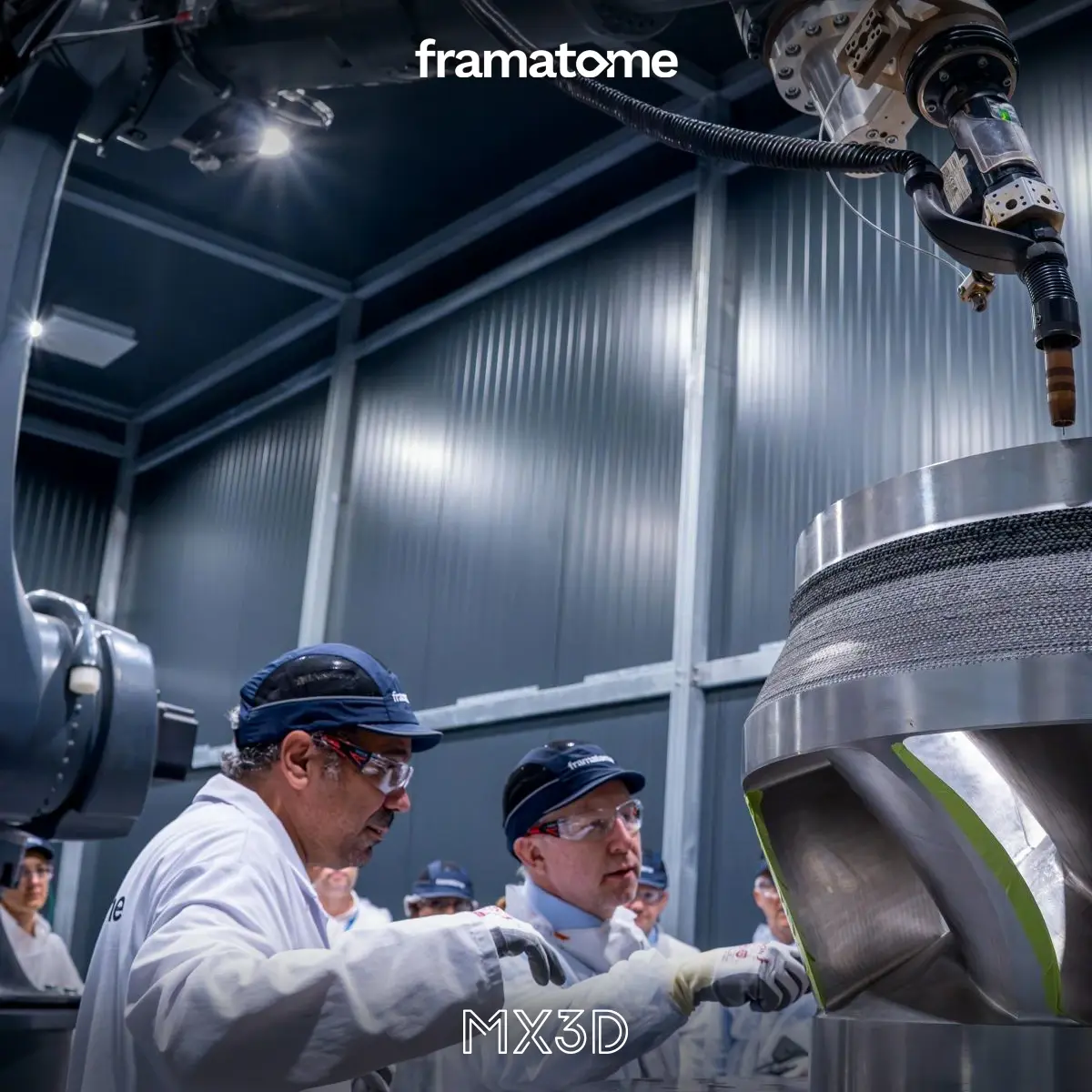 MX3D robotic WAAM system installed inside Framatome's nuclear AM centre, depositing metal layer by layer