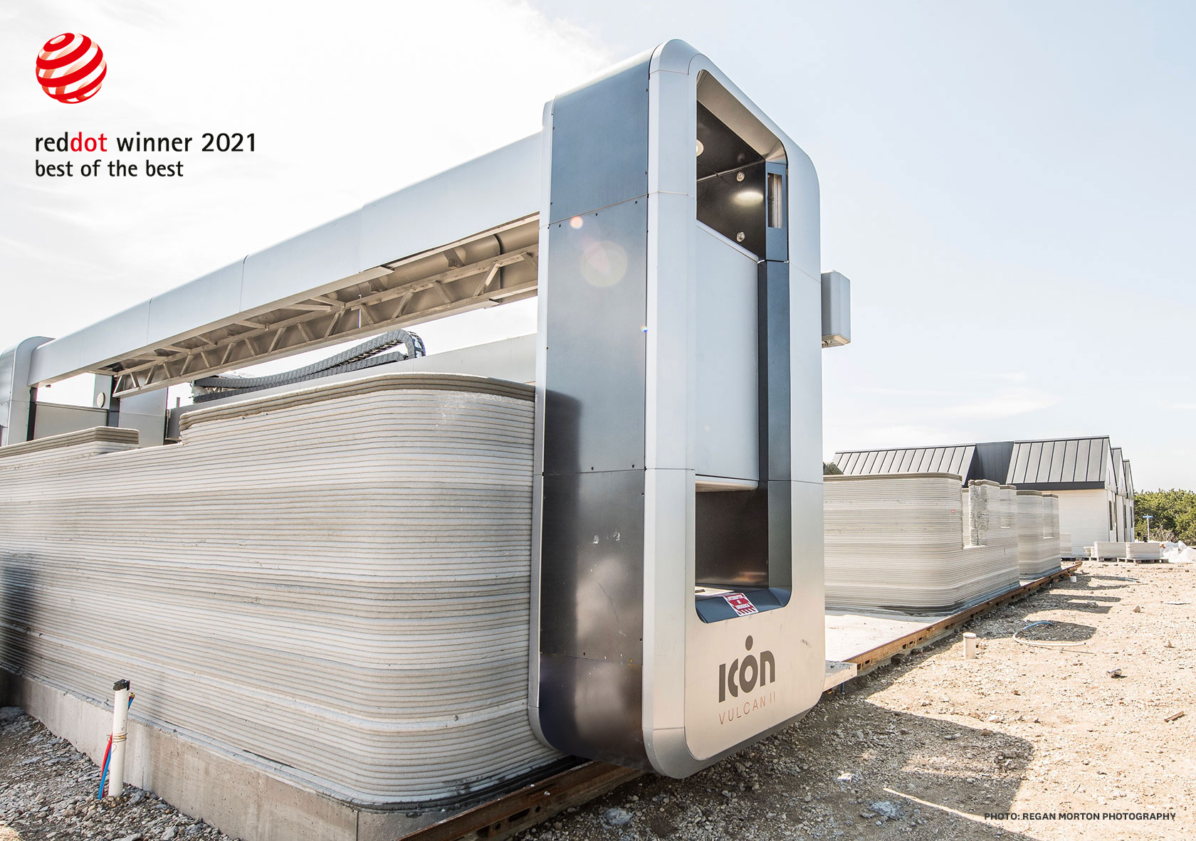 Multiple ICON Vulcan 3D printers operating simultaneously at Fort Bliss