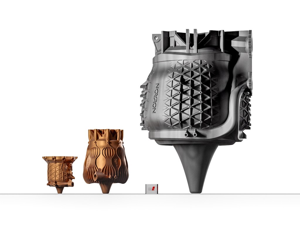 LEAP 71's 200 kN XRA-2E5 aerospike rocket engine — the world's largest 3D-printed aerospike, designed by Noyron and produced on HBD 800 ten-laser LPBF system