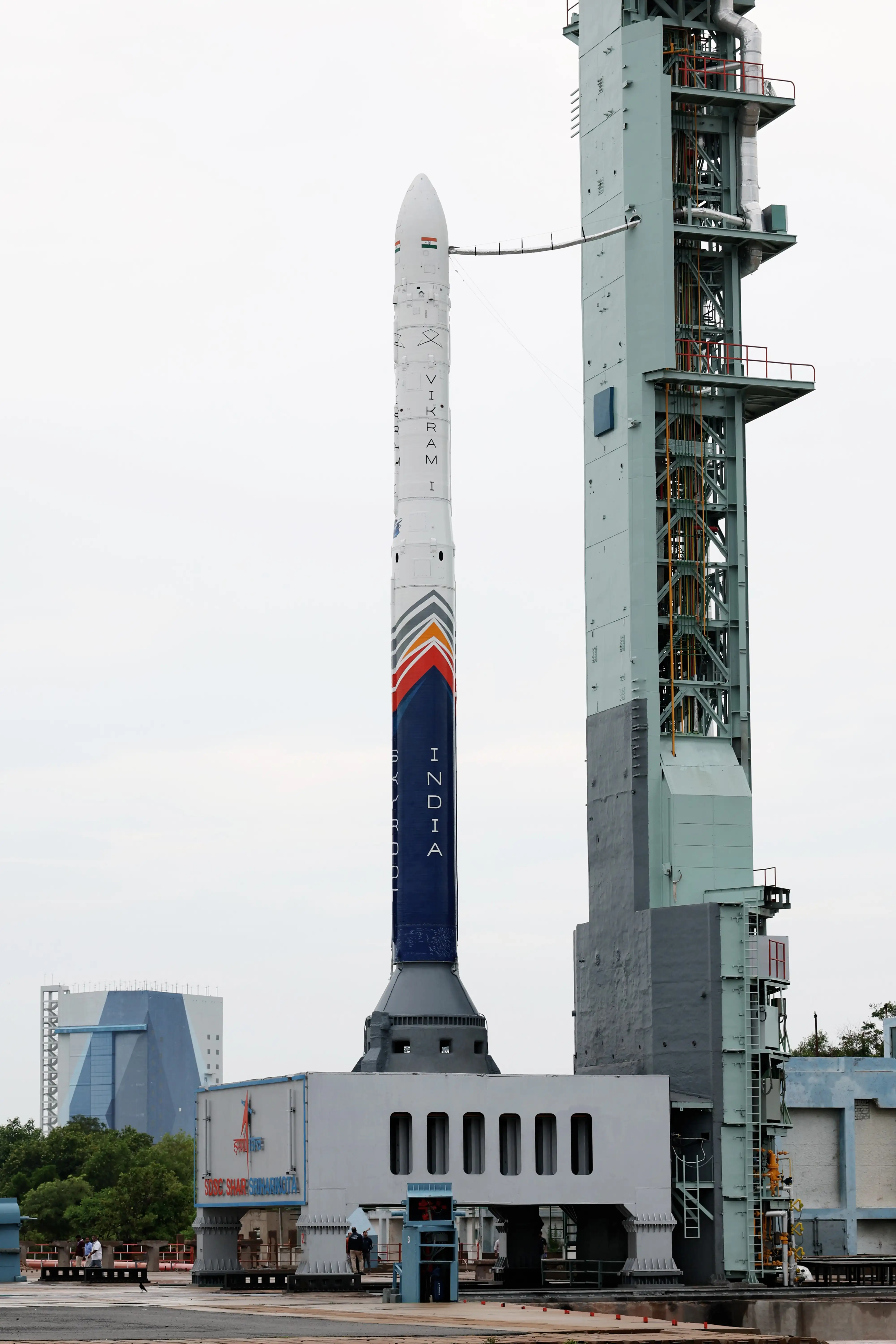 Skyroot Vikram-1 rocket on the launch pad at SDSC SHAR before its July 18, 2026 launch