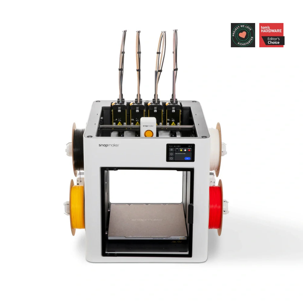 Snapmaker U1 desktop 3D printer showing its four independent toolhead bays and SnapSwap quick-change system