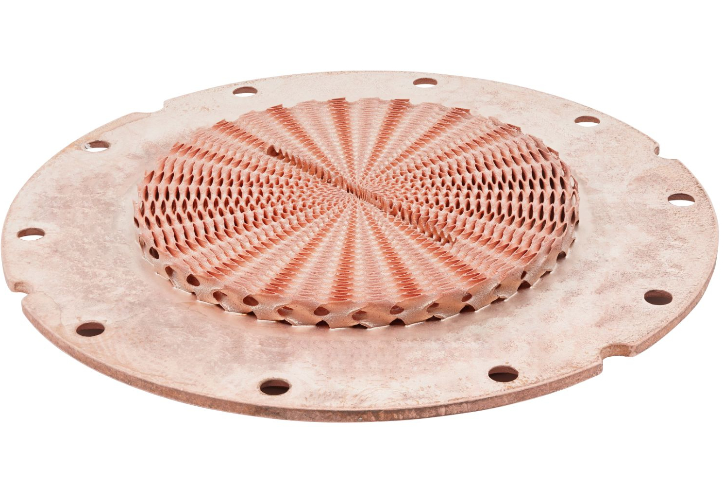 Fabric8Labs' 3D-printed copper cold plate produced via ECAM, showing complex internal channel geometry for AI data center liquid cooling