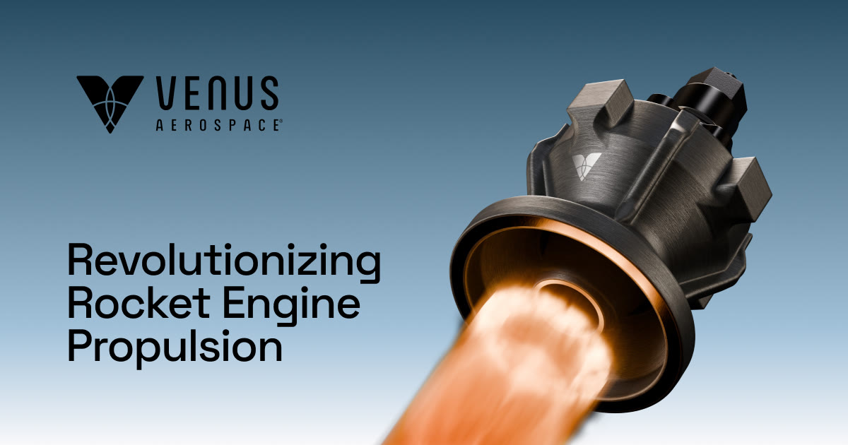Venus Aerospace company logo and RDRE engine visualization showing the engine architecture