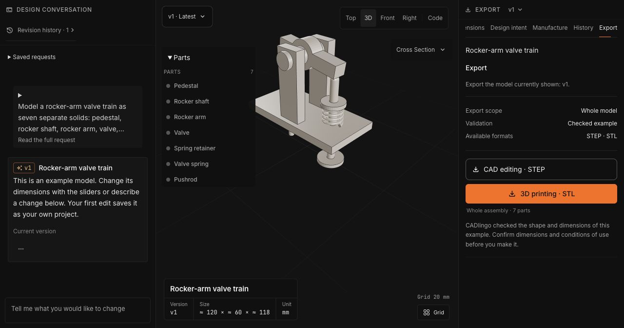 The seven-part rocker-arm valve train, its component list and whole-model export options in CADlingo.