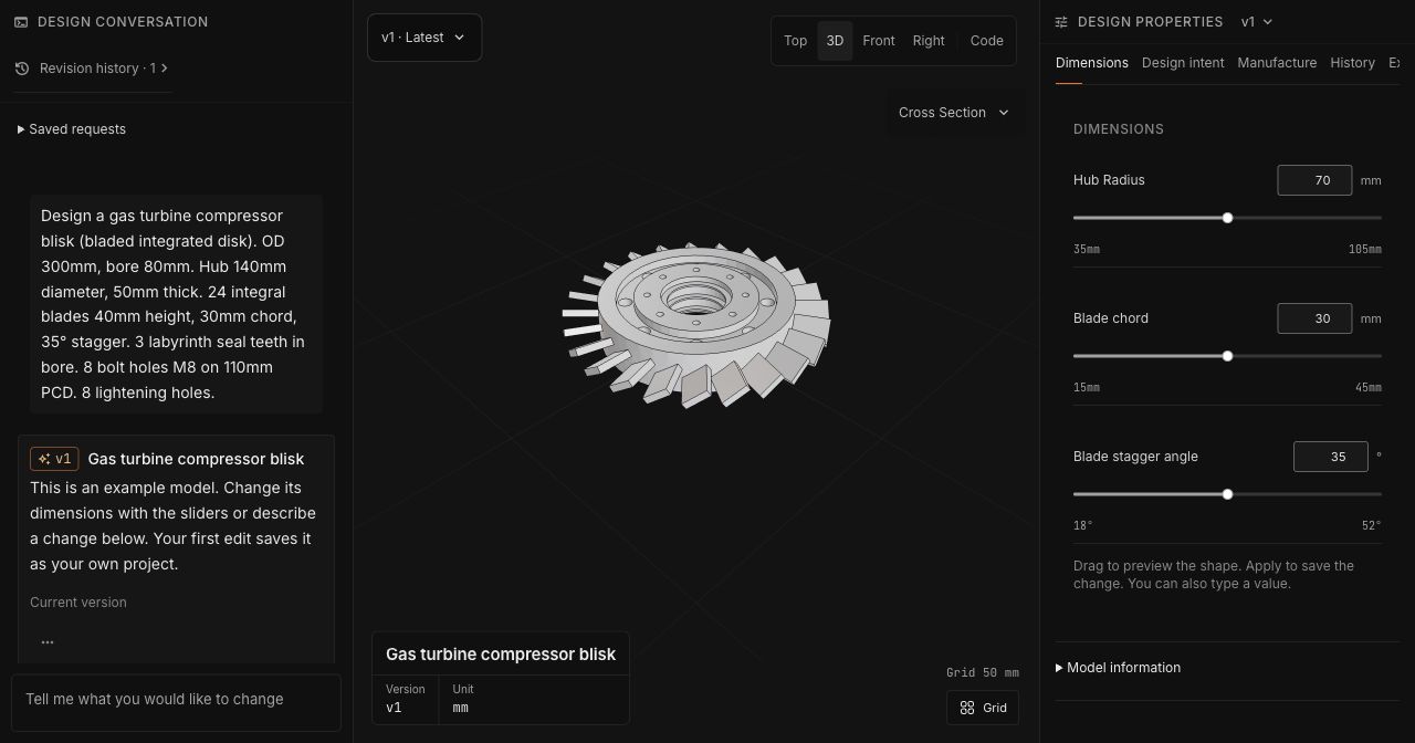 A compressor blisk in CADlingo Studio, with its design request and exposed parameters.