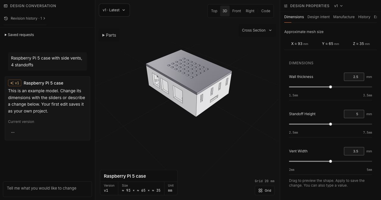 A saved Raspberry Pi 5 case in CADlingo, with its request and dimension controls.