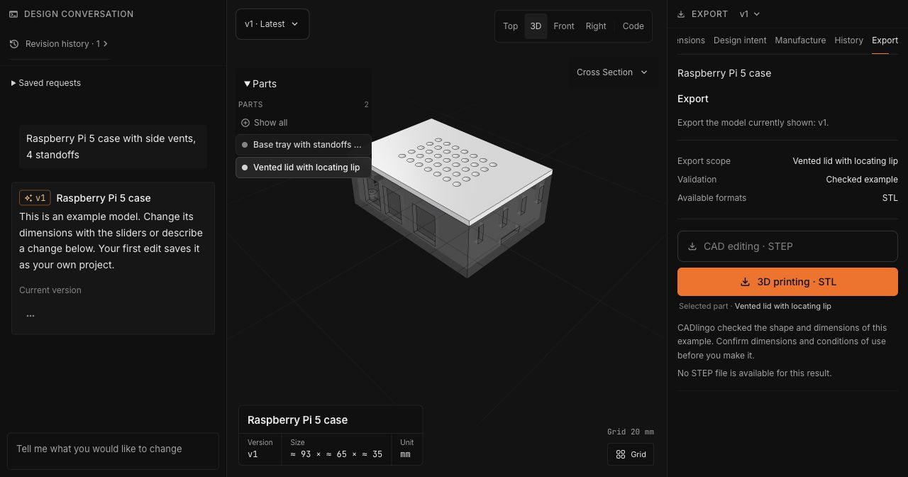 The Raspberry Pi case lid selected in CADlingo, with selected-part STL available and STEP disabled.